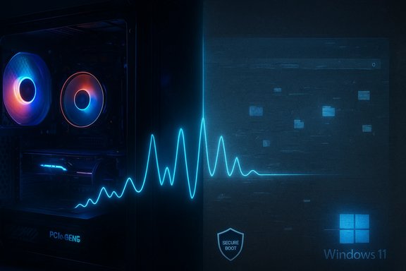 RGB-lit PC interior with neon blue waveform and Windows 11 Secure Boot branding.