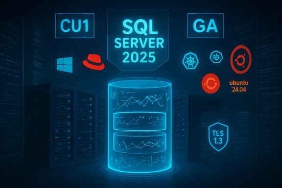 Futuristic data center with a glowing SQL Server 2025 database display.