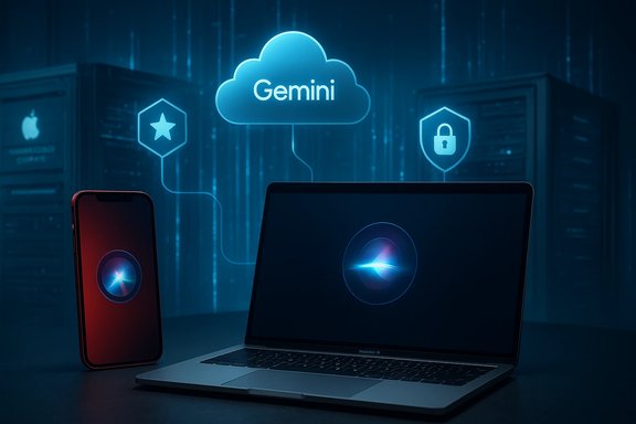 Laptop and iPhone connect to the Gemini cloud, with security icons in a blue data-center setting.