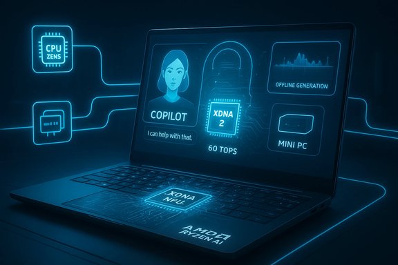 Futuristic laptop glows with blue holographic AI UI featuring Copilot, XDNA 2, and AMD Ryzen AI.