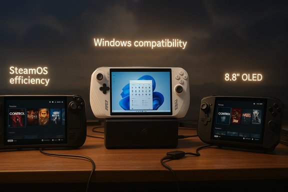 Three handheld consoles on a desk; center runs Windows, left shows SteamOS efficiency, right highlights 8.8-inch OLED.
