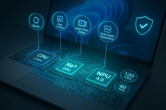 Futuristic laptop with neon-lit CPU, GPU, and NPU chips and AI features. Futuristic laptop with neon-lit CPU, GPU, and NPU chips and AI features.