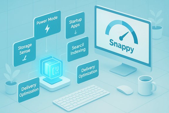 A Snappy optimization dashboard showing modules like Power Mode, Startup Apps, and Delivery Optimization.