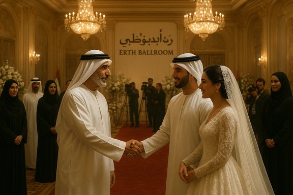 Emirati bride and groom greet an elder guest at a grand ballroom wedding. Emirati bride and groom greet an elder guest at a grand ballroom wedding.