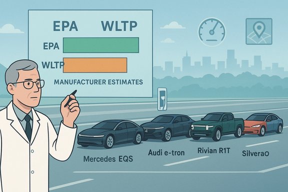 A scientist compares EPA and WLTP range estimates on a chart beside a lineup of electric cars.