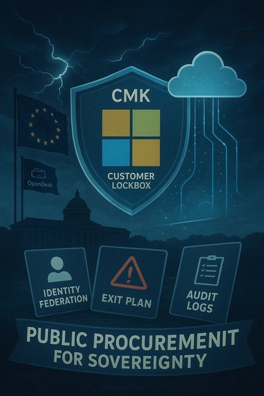 A stormy poster features a shield labeled CMK Customer Lockbox with cloud tech and sovereignty theme.