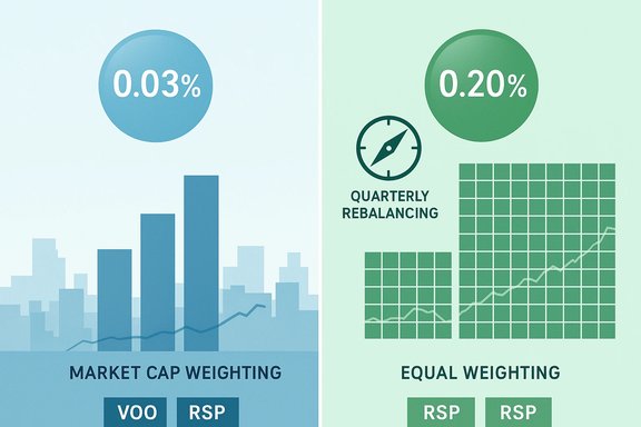 Infographic comparing market-cap weighting (VOO) to equal weighting (RSP) with charts.