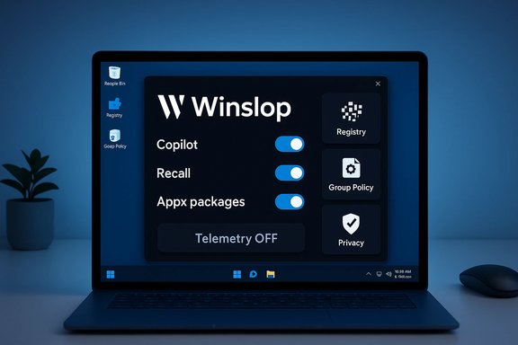 Laptop screen shows a dark Winslop dashboard with Copilot, Recall, Appx toggles and policy tiles.