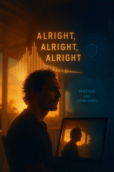 Silhouette of a man at a laptop, bathed in orange sunset light with blue digital graphics.