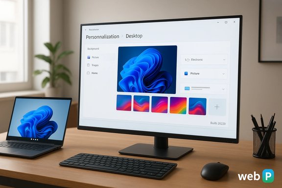 A sleek workspace with a large monitor showing Windows personalization, a laptop, keyboard, and plant.