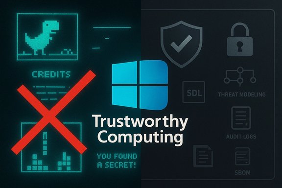 Windows Trustworthy Computing logo amid security icons, threat modeling, and audit visuals.
