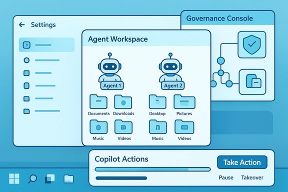 Blue UI dashboard showing an Agent Workspace with two robot agents and organized folders.