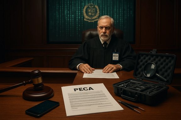 A judge sits at the bench with a gavel, a PECA document, and an open evidence case.