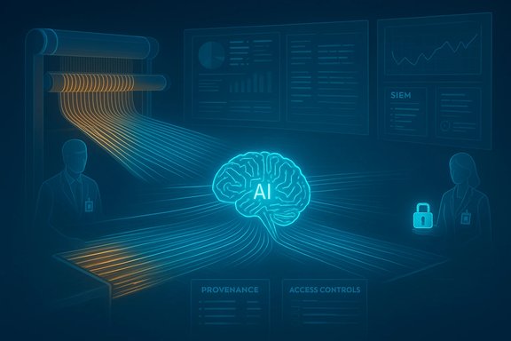 A glowing AI brain processes streaming data as analysts monitor secure dashboards.