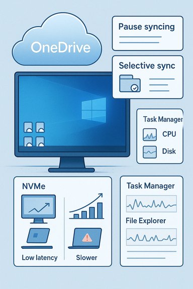 OneDrive cloud with pause and selective sync, plus Task Manager and NVMe performance visuals. OneDrive cloud with pause and selective sync, plus Task Manager and NVMe performance visuals.