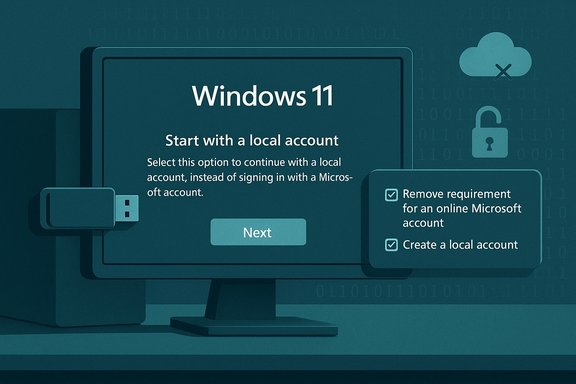 Windows 11 setup screen offering a local account option with checkboxes to remove online account requirement.
