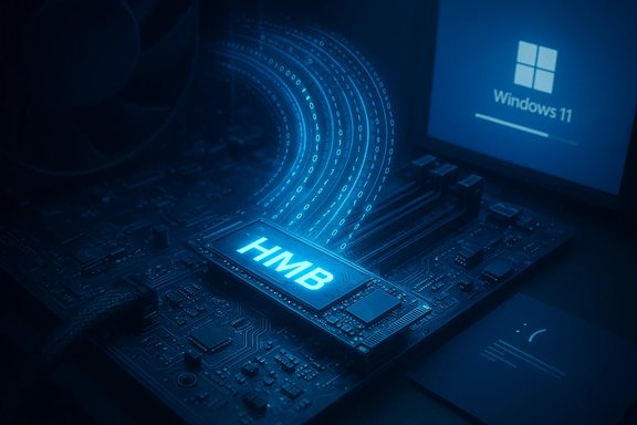 Blue-lit motherboard with a glowing HBM memory chip and Windows 11 boot screen.
