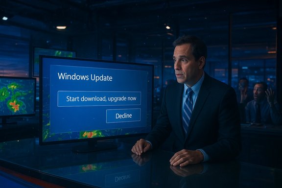 A suited man watches a Windows Update prompt on a large monitor.