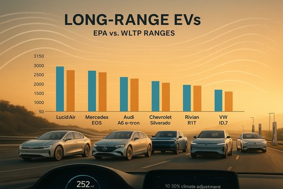 Sunset infographic comparing EPA vs WLTP ranges for long-range EVs.