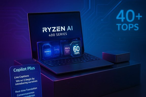 A Ryzen AI 400 Series laptop on display showing 60 TOPS beside a Copilot Plus sign.