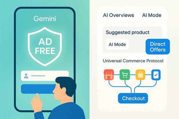 A Gemini ad-free phone interface with an AI-driven checkout and product suggestions.