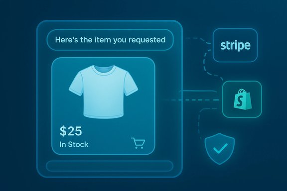 Product card showing a T-shirt for $25 in stock, linked to Stripe and Shopify. Product card showing a T-shirt for $25 in stock, linked to Stripe and Shopify.