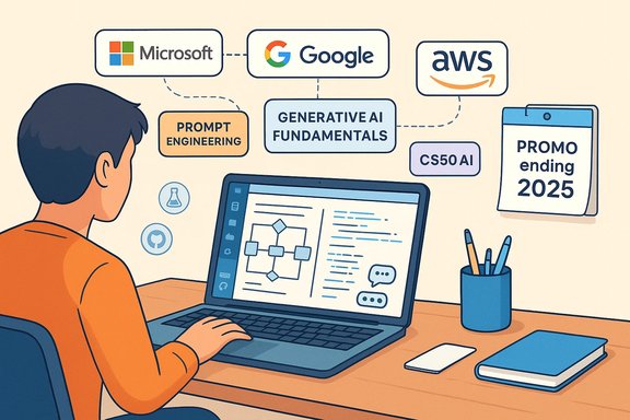 Person at a laptop explores AI basics with Microsoft, Google, AWS logos and prompts.