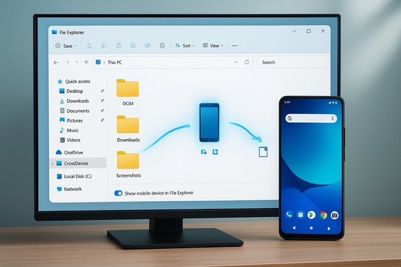 A Windows PC screen shows File Explorer beside a smartphone, illustrating a file transfer.