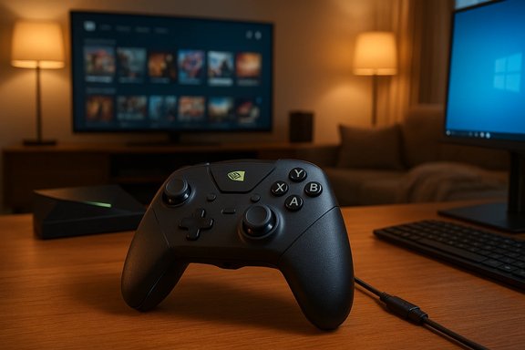 A black game controller rests on a wooden desk in a cozy living room with a TV and monitor.