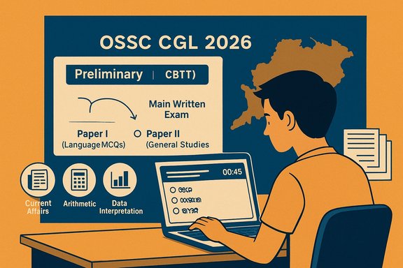 Illustration of a student taking the OSSC CGL 2026 exam, with Preliminary CBT and Paper I/II.