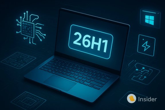 A futuristic laptop glows blue with 26H1 on screen and circuit-inspired icons around.