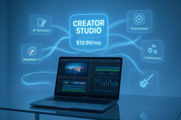 A laptop on a glass table displays a blue Creator Studio hub with AI templates and automation.