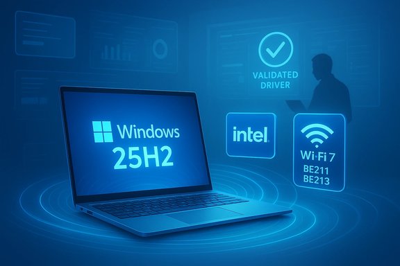 Blue futuristic scene with a Windows laptop displaying 25H2, plus Intel and Wi‑Fi 7 icons.