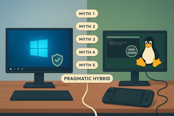 Windows vs Linux shown on dual monitors with myths 1–5, illustrating a pragmatic hybrid setup.