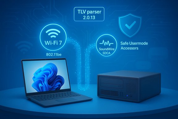 Laptop and a server on a blue desk with glowing tech icons and TLV parser 2.0.13.