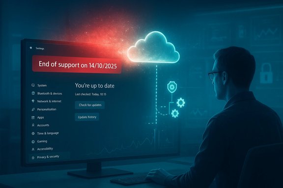 A man views a Windows settings screen with a red 'End of support on 14/10/2025' alert and a glowing cloud.