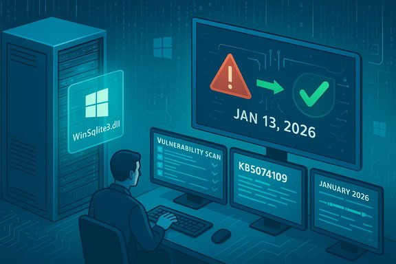Security analyst reviews vulnerability scan results on multiple screens in a data center.