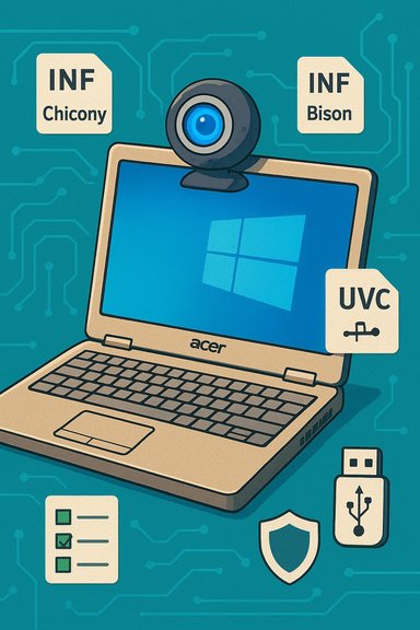Cartoon Acer laptop with an external webcam, Windows logo, and USB/tech icons.