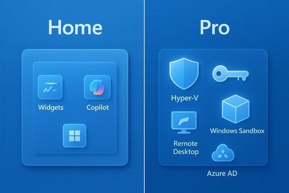 Split-screen: Home shows widgets and Copilot, Pro lists Hyper-V, Remote Desktop, Windows Sandbox, and Azure AD.