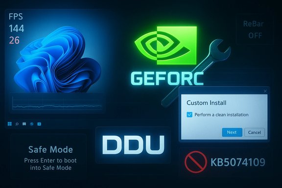 Futuristic UI collage featuring the GeForce logo, a custom install dialog, and glowing system panels.