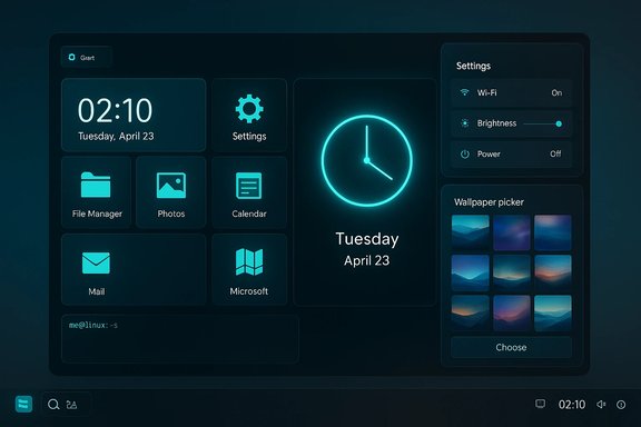 A futuristic dark dashboard with neon cyan widgets, clock, settings, and app tiles.