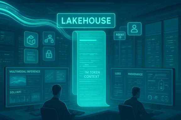 A neon-lit futuristic lakehouse data center with holographic dashboards and analysts.
