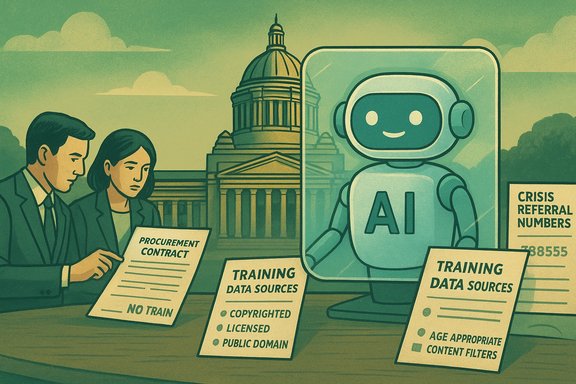 Two professionals review AI training-data contracts as a friendly robot explains data sources.
