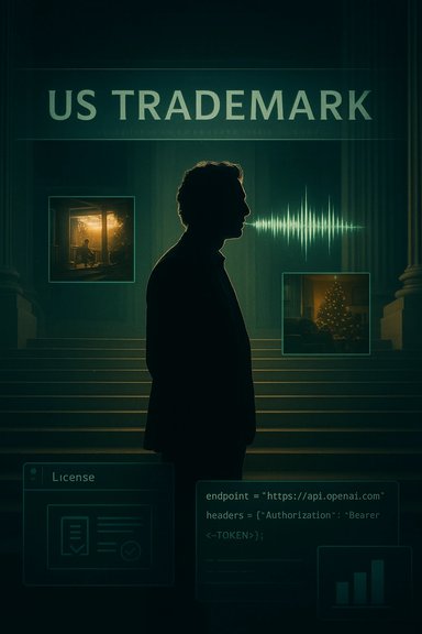 A silhouette of a man stands before a US TRADEMARK sign, with holographic screens and code. A silhouette of a man stands before a US TRADEMARK sign, with holographic screens and code.