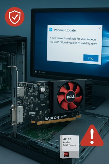 PC with a Dell Radeon graphics card, Windows Update driver alert, and warning icons.