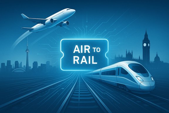 Blue-toned cityscape with an airplane and a high-speed train beside a glowing Air to Rail sign.