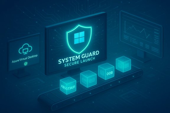 Futuristic blue security display featuring Windows System Guard Secure Launch.