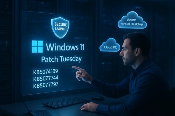 A man in a data center points at a holographic display showing Windows 11 Patch Tuesday.