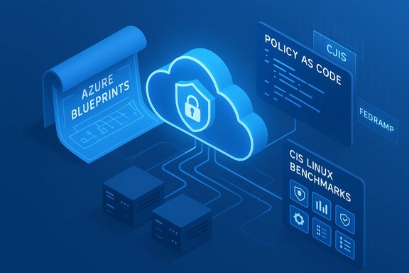 Blue isometric scene of cloud security with Azure Blueprints and policy-as-code elements.