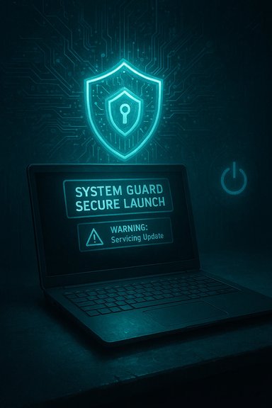 Neon blue shield hologram above a laptop displaying 'System Guard Secure Launch' with a servicing update warning.